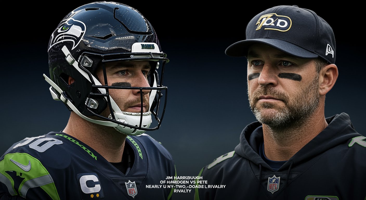 Sports blog header image for article about Timeline of Jim Harbaugh and Pete Carroll's Nearly Two-Decade-Long Rivalry on MbaguMedia